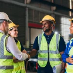 Vier Bauarbeiter, die Schutzhelme und Warnwesten tragen, stehen in einem Gebäude, lächeln und schütteln sich die Hände, was auf Teamwork und Zusammenarbeit in einer industriellen Umgebung hindeutet.